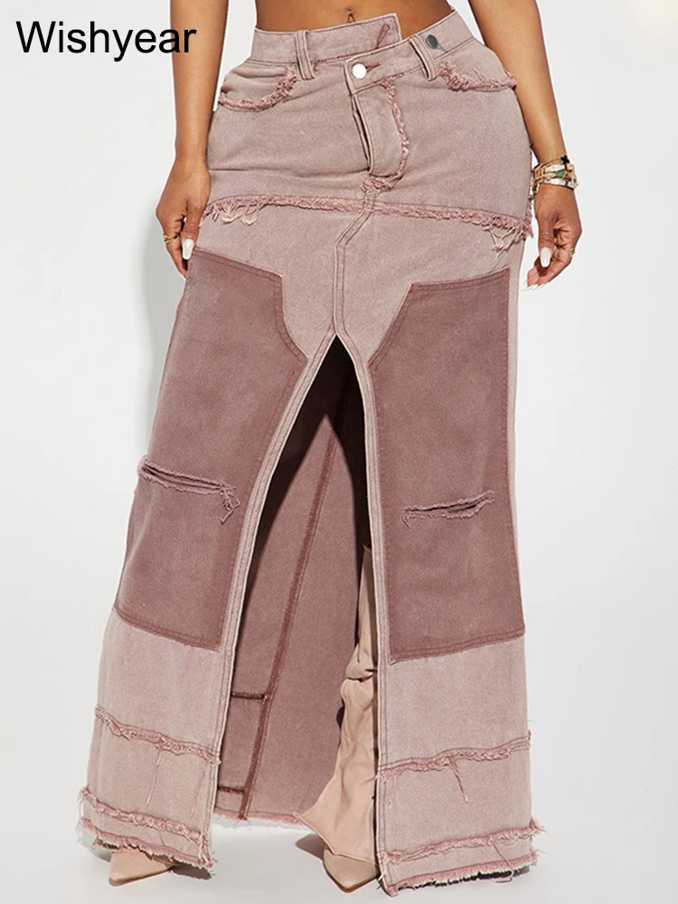 

Sexy Ripped Out Zipper Fly High Split Midi Maxi Long A-line Denim Skirt for Women Streetwear Night Club Prom Birthday Jean Dress
