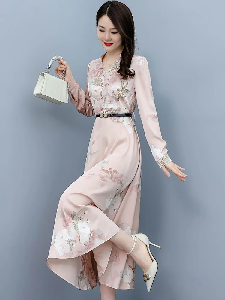 2024 Pink Floral Acetate Satin Casual Long Robe Women Fashion Elegant Chic Party Midi Dress Spring Autumn Bodycon Evening Dress 4