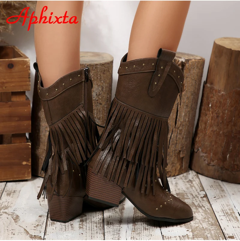 Aphixta Mid-Calf Boots 6cm Square Heel Tassel Design Back Zip Woman Shoes Rivets Fringe Pointed Toe Brown Big Size 43 Boot