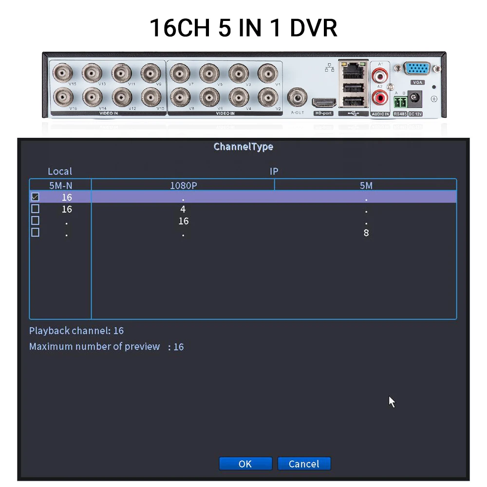 16CH AHD CCTV DVR 5MP-N 5in1 AHD TVI CVI CVBS IP Camera Hybrid Digital Video Recorder Home Secuirty DVR CCTV System XMeye H.265 network video recorder surveillance security