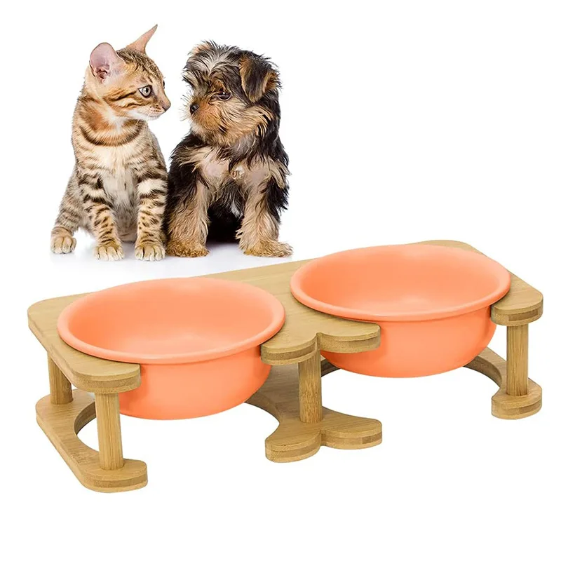 

Elevated Tilted Pets Bowls with Wooden Stand Pet Feeder for Pet Cats Dogs Pets 1/2Bowls Elevated Tilted Wooden Stand Durable