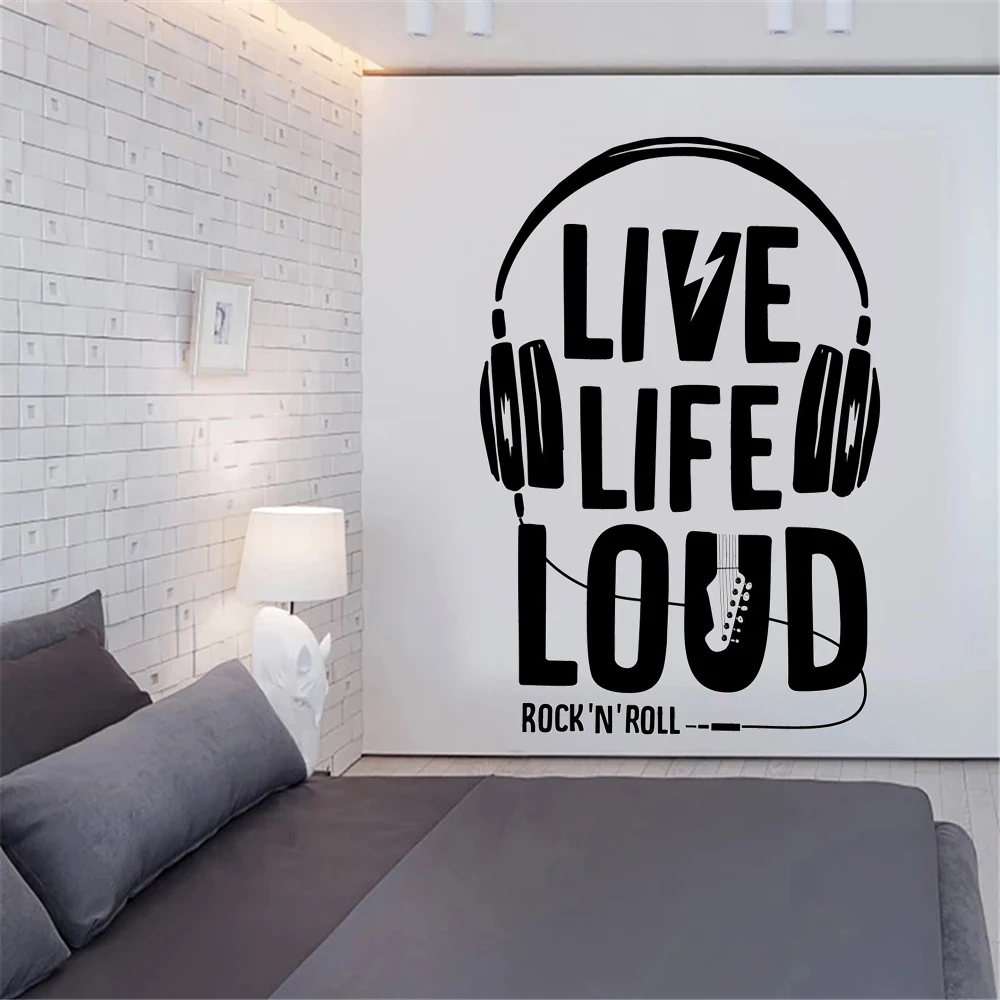 Vinyl Wall Stickers Live Life Loud Quotes Decals Living Room Headphones Music Musical Rock n Roll Murals Decor For Bar DW13944