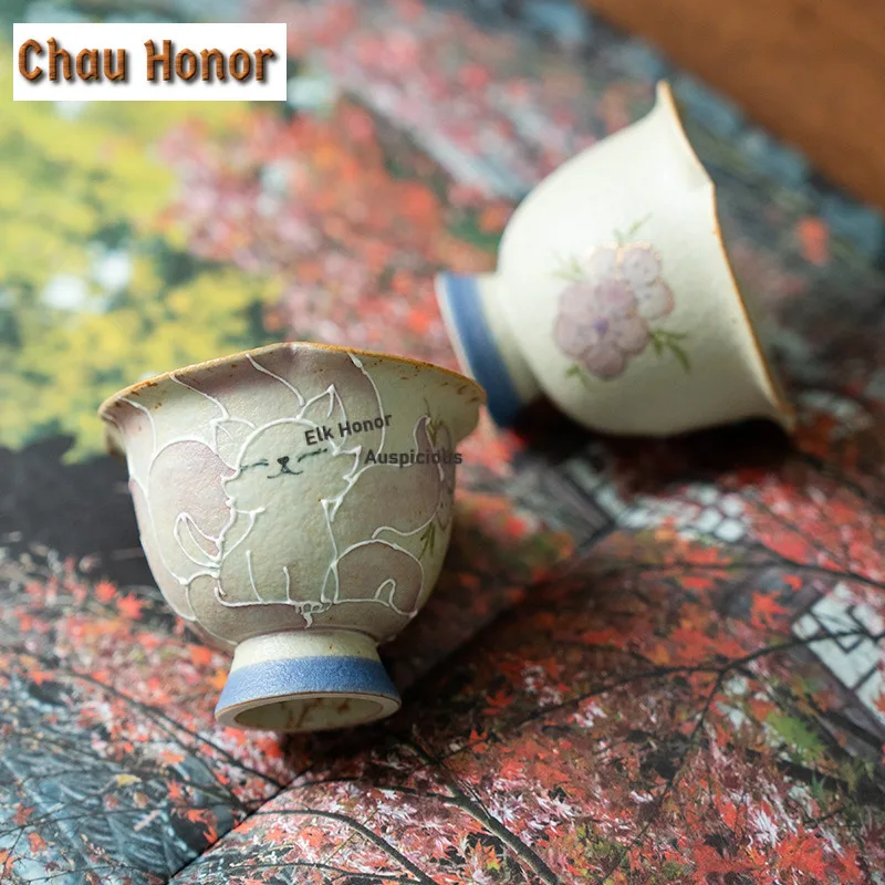 1pc 55ml Hand-drawn Nine-tailed Fairy Fox Teacup Retro Tea Bowl Tea Pair Tea-tasting Smelling Cup Jianzhan Master Cups Tea Items