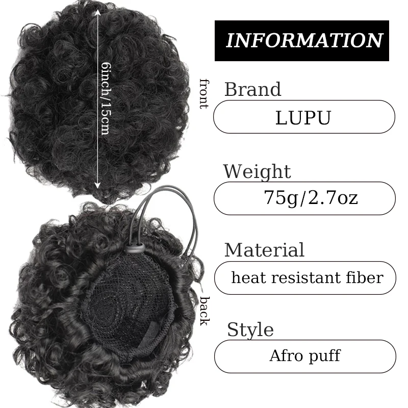 Synthetic Afro Puff Drawstring Ponytail 6inch Kinky Curly Bun Hair Piece with Clips for Black Women Daily Wear