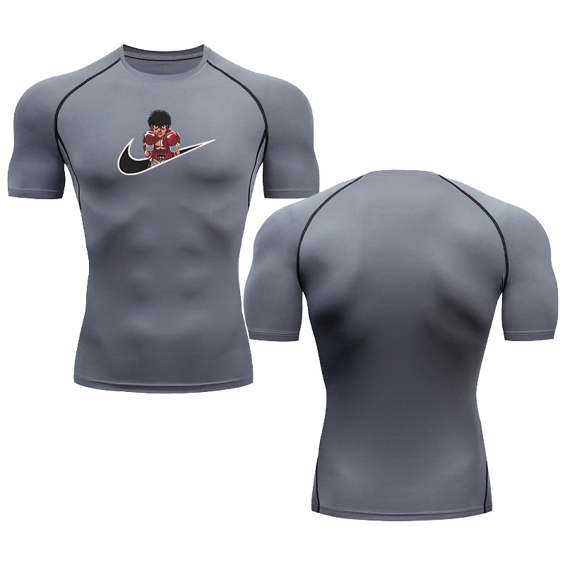 Men's running compression round neck boxing animation print short sleeve T-shirt Gym fitness sweatshirt men's jogging tracksuit