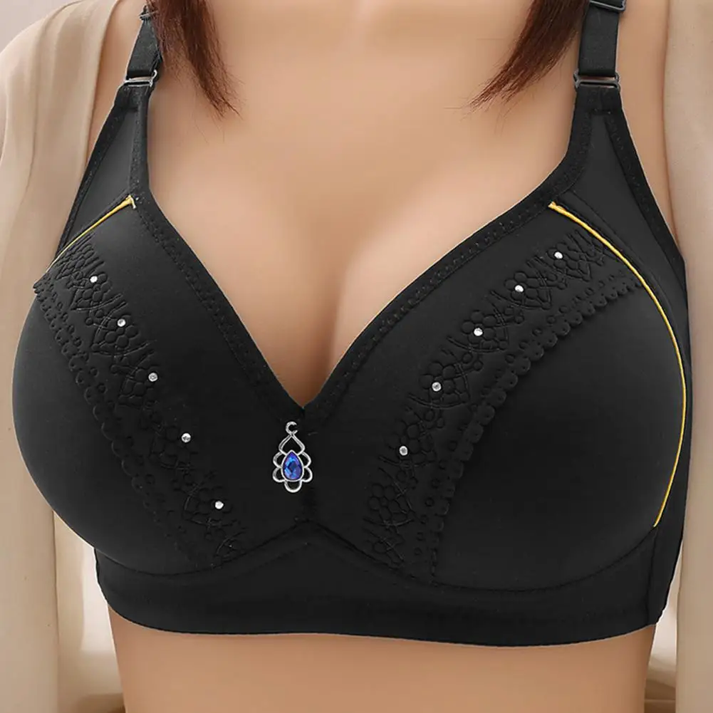 

Push-up Handle Bra Comfortable Wireless Rhinestone Decor Mid-aged Mother Bra with Wide Shoulder Strap Anti-snagging for Soft