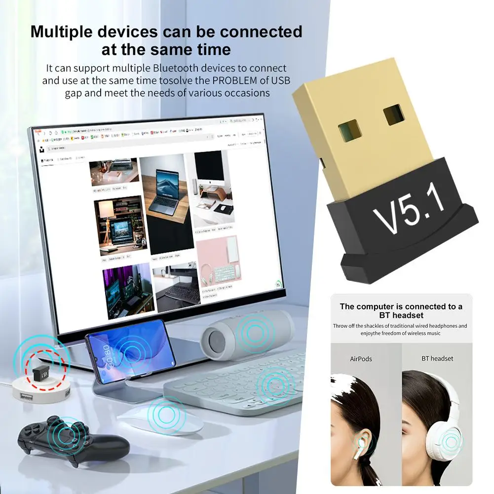 Bluetooth Adapter Bluetooth Audio Receiver Bluetooth Transceiver Adapter Audio Adapter Bluetooth Aux Adaptor USB Audio Bluetooth 5.1 Adapter PC & Laptop Wireless Transmitter And Receiver Dongle Audio Streaming Auto Adapter
