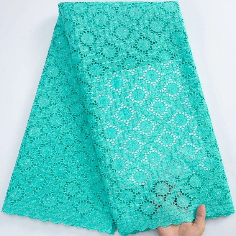 

African Pure Cotton Lace Fabric 2023 5 Yards Green Nigerian Swiss Voile Lace In Switzerland With Stones For Party Dress A3175