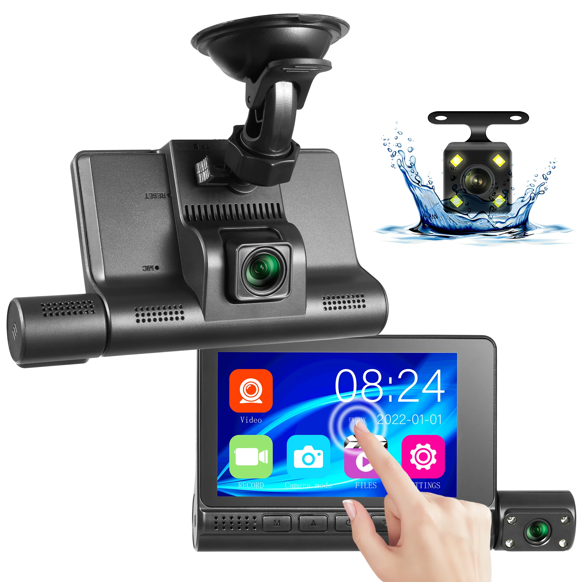 3 Lens Touch Screen Car Video Recorder 4 In Dash Cam Blcak Box IPS