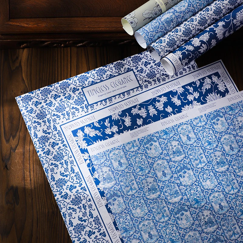 

10 PCS New Chinese Pattern Wrapping Paper Blue and White Porcelain Flower Art Kraft Paper Vintage Flower Shop Packaging Material