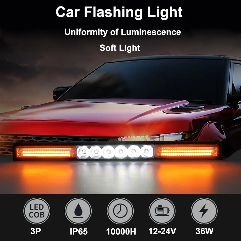 LED Warning Light Bar Police Car LED Strobe Emergency Light Beacon Autos Flashing Safety Signal Lamp Amber White 12/24V