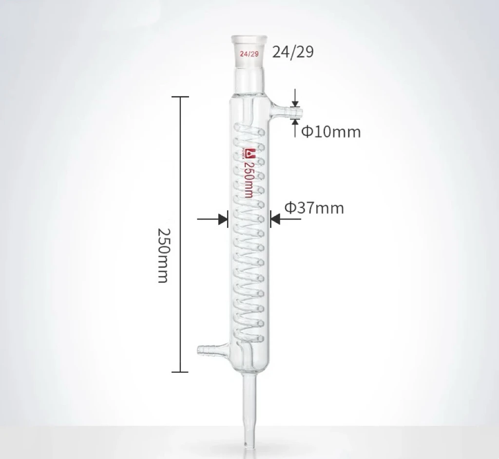 250mm Spiral Condensation Length ，Format Serpentine Condenser, Full Glass Distiller Condenser,Standard Ground Mouth 14 19 24