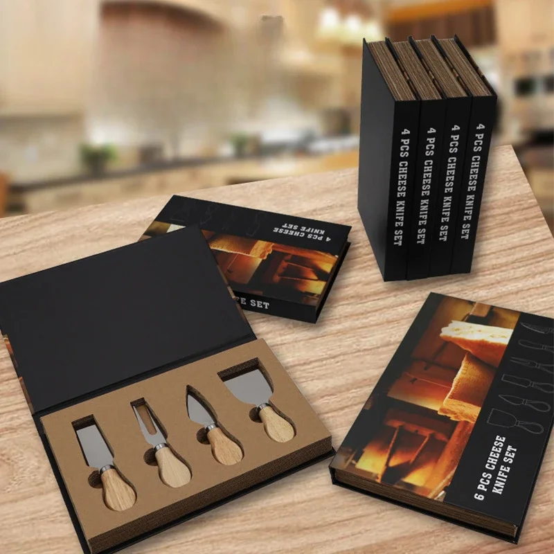 4pcs/6pcs Oak Cheese Knife Set Cheese Knife and Butter Kraft Paper Box Packaging Tools Suit
