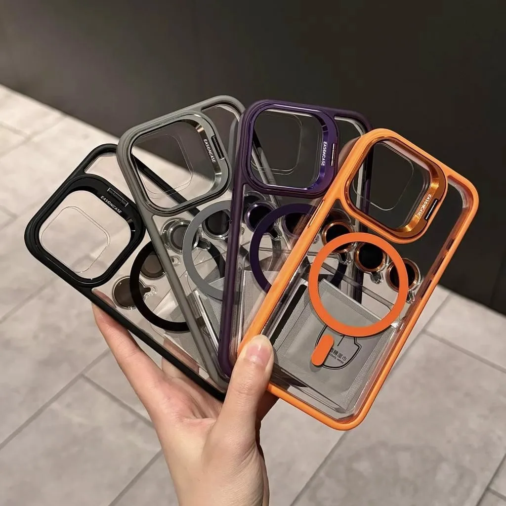 Case For iPhone 15 Pro Max iPhone 15 Pro 14 13 12 Case Clear Camera Lens Protector Magnetic Magsafe Stand Stash Stand Phone Cove