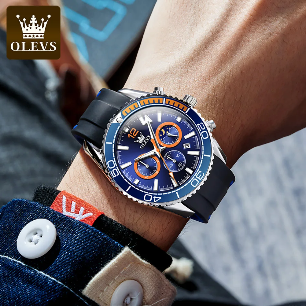 OLEVS Fashion Quartz Watch for Men Sports Silicone Strap Men's Watches Big Dial Moon Phase Waterproof Luminous Wristwatch Reloj
