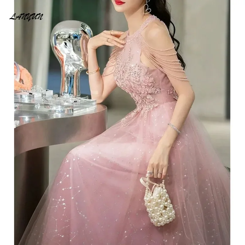 LANMU Elegant Pink Celebrity Dress Sequins Beading Halter With Tassel Sleeve A Line Exquisite Floor Length Prom Evening Gowns