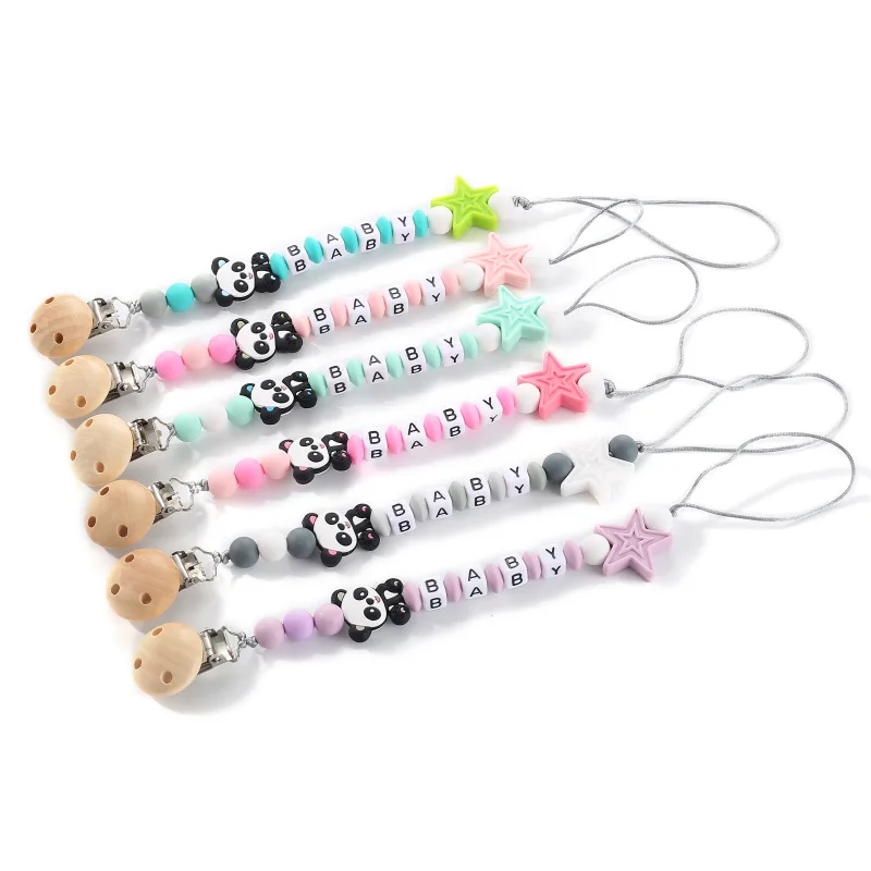 NEW Custom Personalized Name Pacifier Clip Handmade Panda Chain Silicone Star Holder Soother Baby Teething Toy Chew Gift