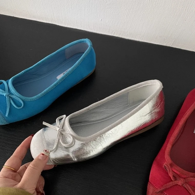 CNMR 2025 Elegant Bow Knot Ballerina Woman Flat Round Toe Comfortable Comfortable Ladies Leather Loafers Single Shoes 6
