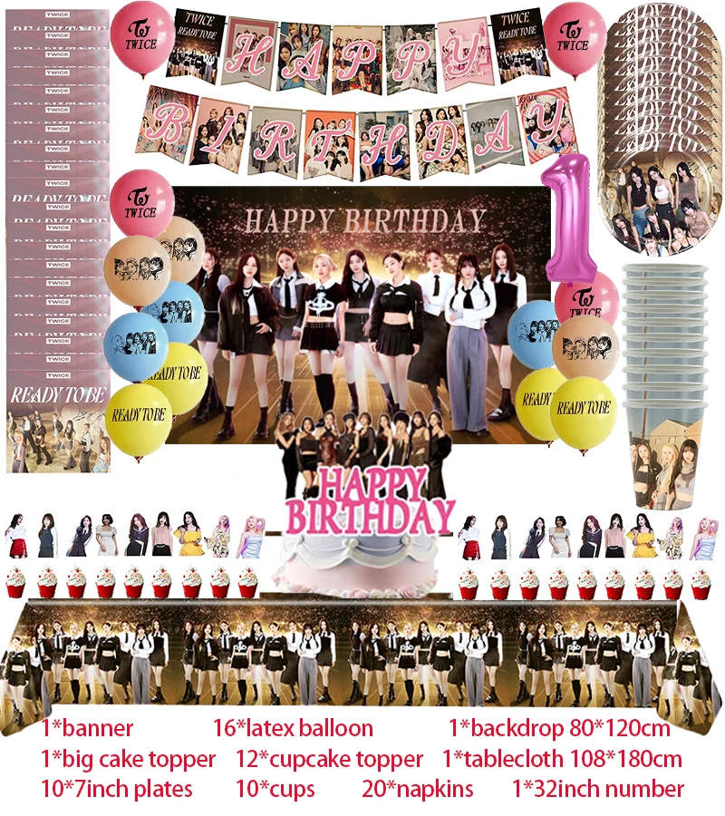 thumbnail image 1 of Decoración de fiesta de cumpleaños de canto Kpop Twice, globo, vajilla, telón de fondo, adorno de pastel, suministros para fiesta de cumpleaños, Baby Shower, 1 of 5