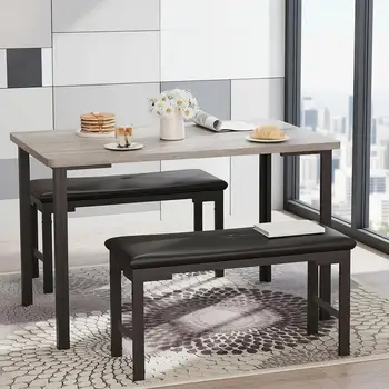 Grey 3-Piece Dining Set with Upholstered Benches for 4, Space-Saving for Small Breakfast Nooks 1