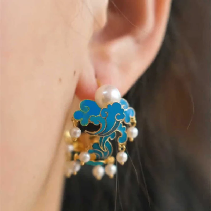 OriginalnewinsilverblueenamelXiangyuninlaidpearlearringsfor