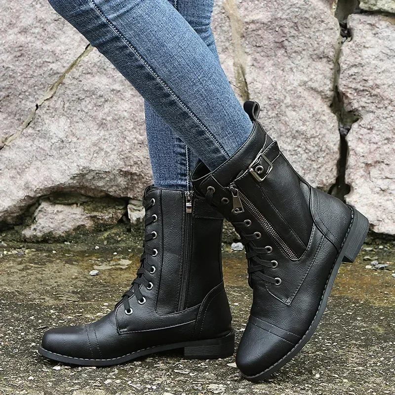 Women's Square Heels Ankle Booties  Autumn Winter PU Leather Short Work Boots Woman Plus Size Lace Up Elastic Botas Mujer 2025