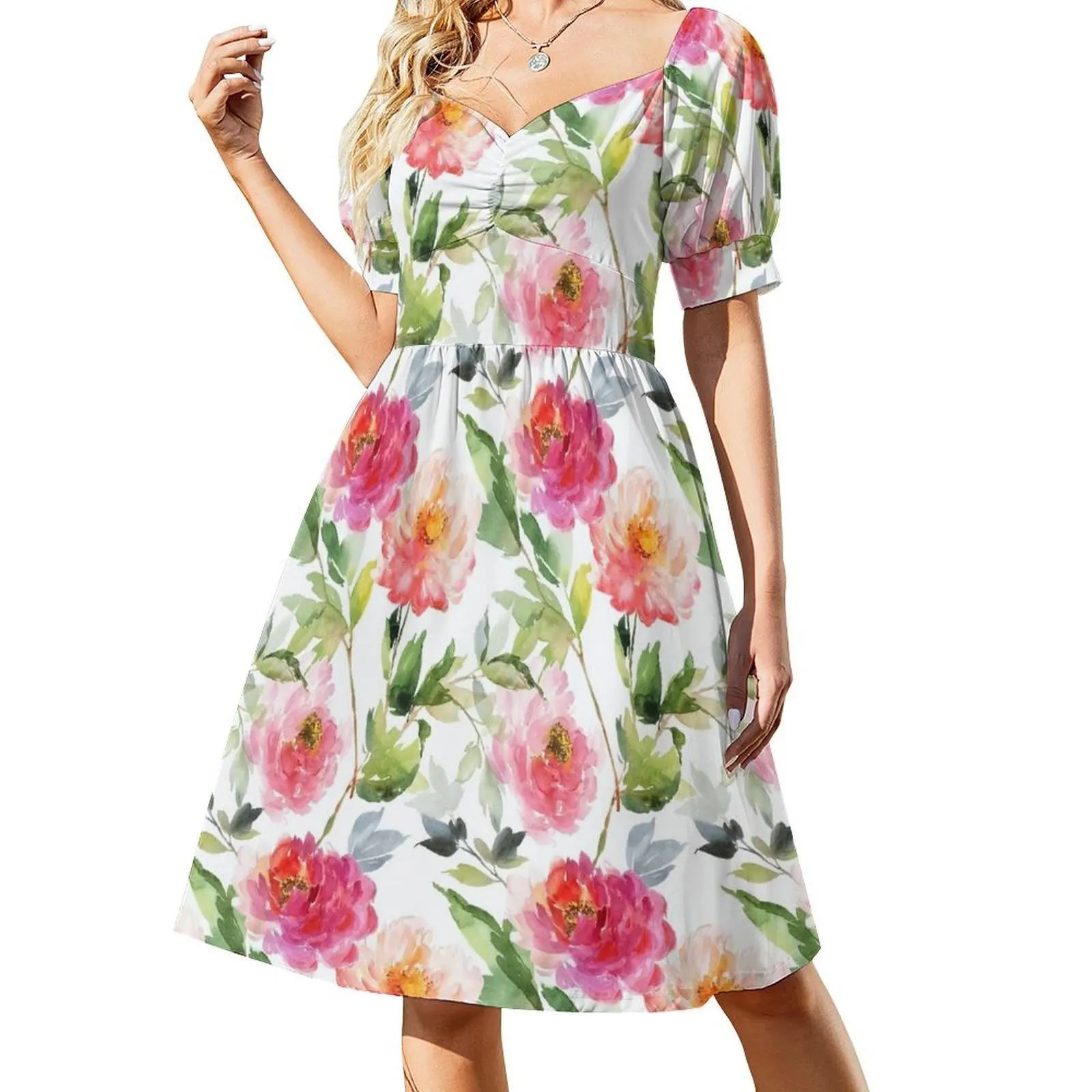 thumbnail image 1 of Vestido de verano de manga corta con peonías en color rosa coral para mujer, vestidos de verano , vestido de falda de verano para mujer, 1 of 8