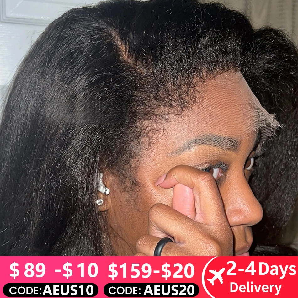 Human hair wig for women kinky straight 13x4 HD lace front preplucked yaki transparent HD lace frontal