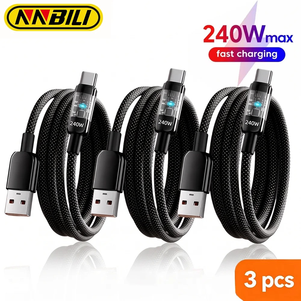 Ultra-Durable 240W USB C Quick Charging Cable - 3 Pack Nylon Braided Transparent Charger Cord