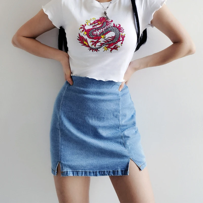 

Women Mini Denim Skirt With Front Split