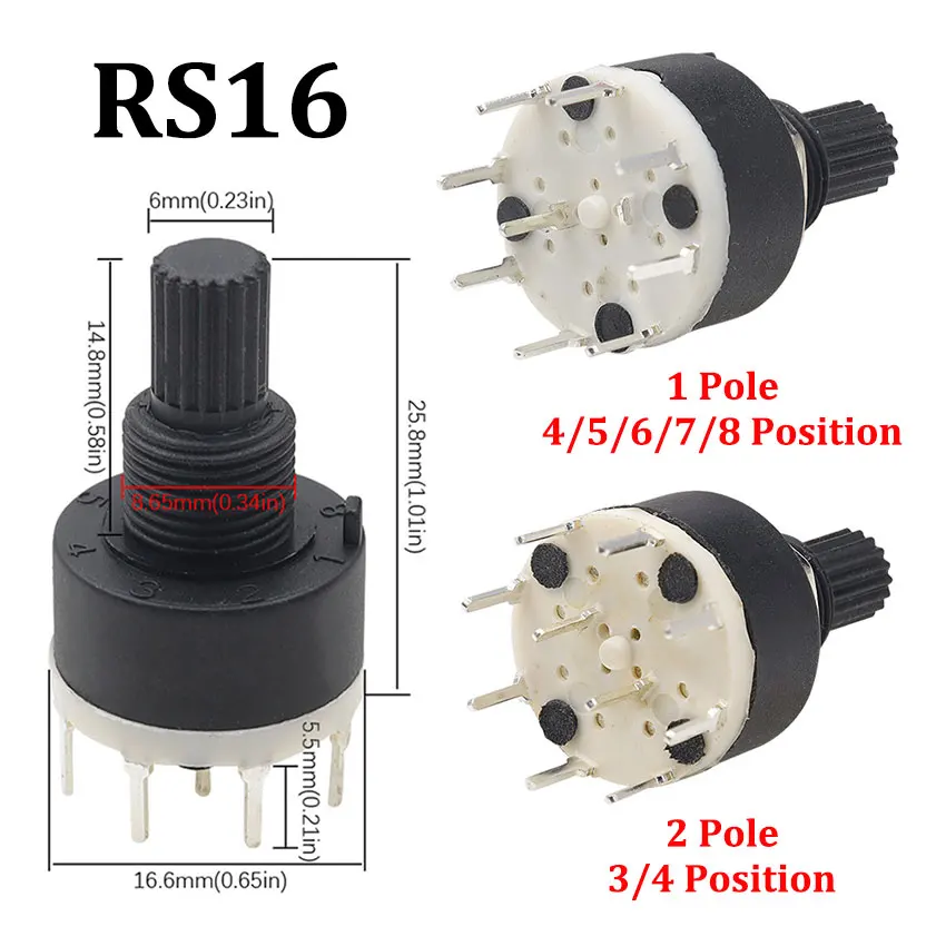 5pcs RS16 Plastic 16MM Rotary Band Switch 2 Pole 3 4