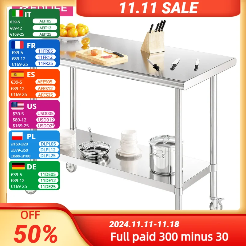 REDLIFE Stainless Steel Work Table 2-Stage Adjustable Shelf w/ 4 Wheels Heavy Duty Food Prep Worktable for Restaurant Home Hotel