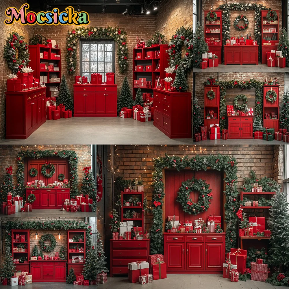 Mocsicka Photography Background Red Christmas Room Xmas Tree Wreath ...