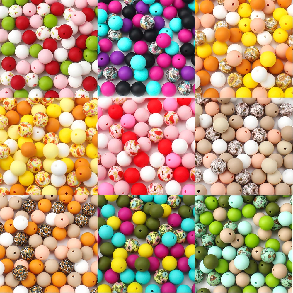 30/20/10Pcs 15mm Round Silicone Beads Printed and Solid Color Beads ...