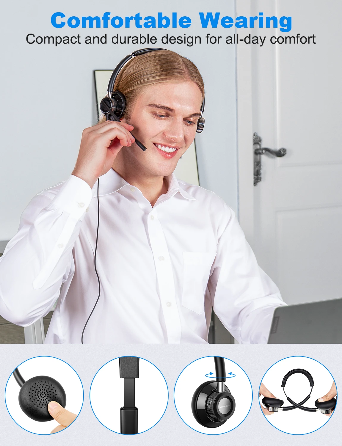 New Bee H361 비즈니스 헤드폰, 마이크 음소거 USB 헤드셋, 회전식 마이크, 소음 차단 콜센터, PC 3.5mm