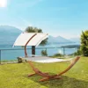 13FT Wooden Arc Hammock with Canopy, Outdoor Hammock Bed with Wood Arc Stand for Patio Balcony Garden Backyard, White 1