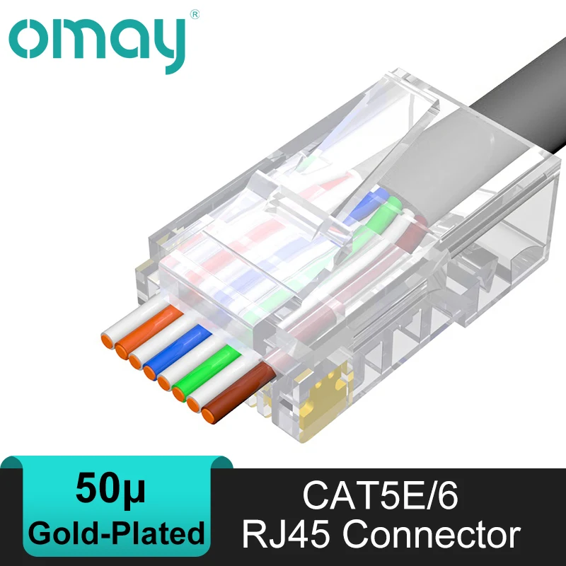 OMAY 10/50/100pcs CAT5E CAT6 CAT7 Plug RJ45 Connector 50U Gold Plated End Pass Through Network Cable Modular 8P8C Connector