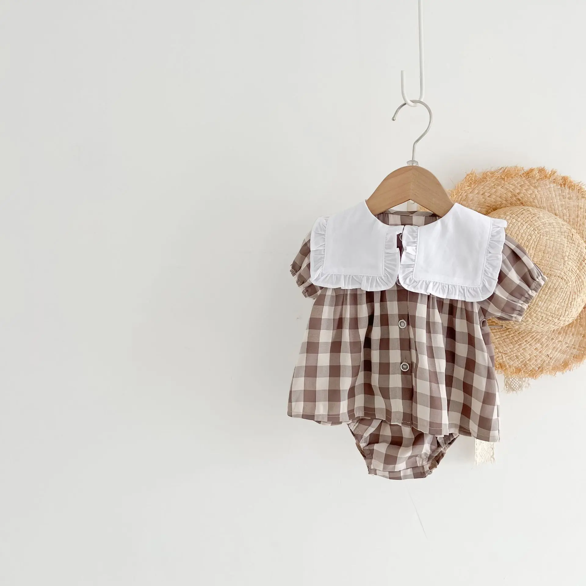 baby knitted clothing set 1711C Baby Clothing Set Plaid Girl's Suit 2022 Summer Cotton Plaid Lapel Girl's Two Piece Clothes Short Sleeve Top +Bread Pants baby outfit matching set