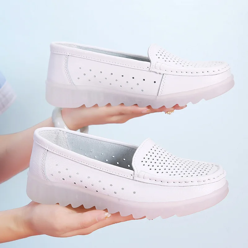 2024 Casual Concise White Breathable Genuine Leather Flats Platform Lady Loafers Shoes For Women Chaussure Femme Zapatos Mujer
