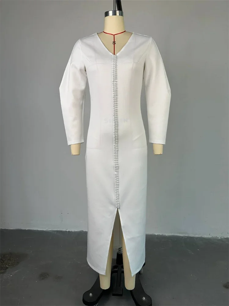 Wmstar Dress for Women 2024 Solid Color Party Sexy Beading Slip Hem Bodycon V Neck Dresses Fall Clothes Wholesale Dropshipping