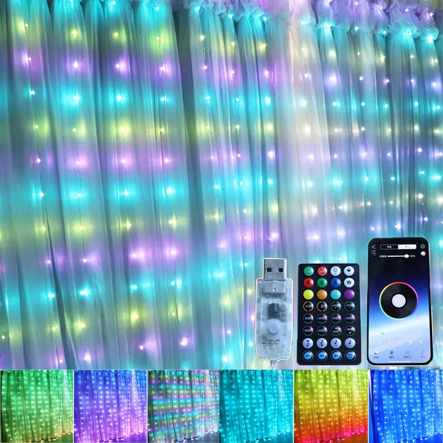

3X3M Smart RGB Curtain String Light App Controlled Christmas Garland Fairy Light With Remote Wedding Curtain Fairy Icicle Light