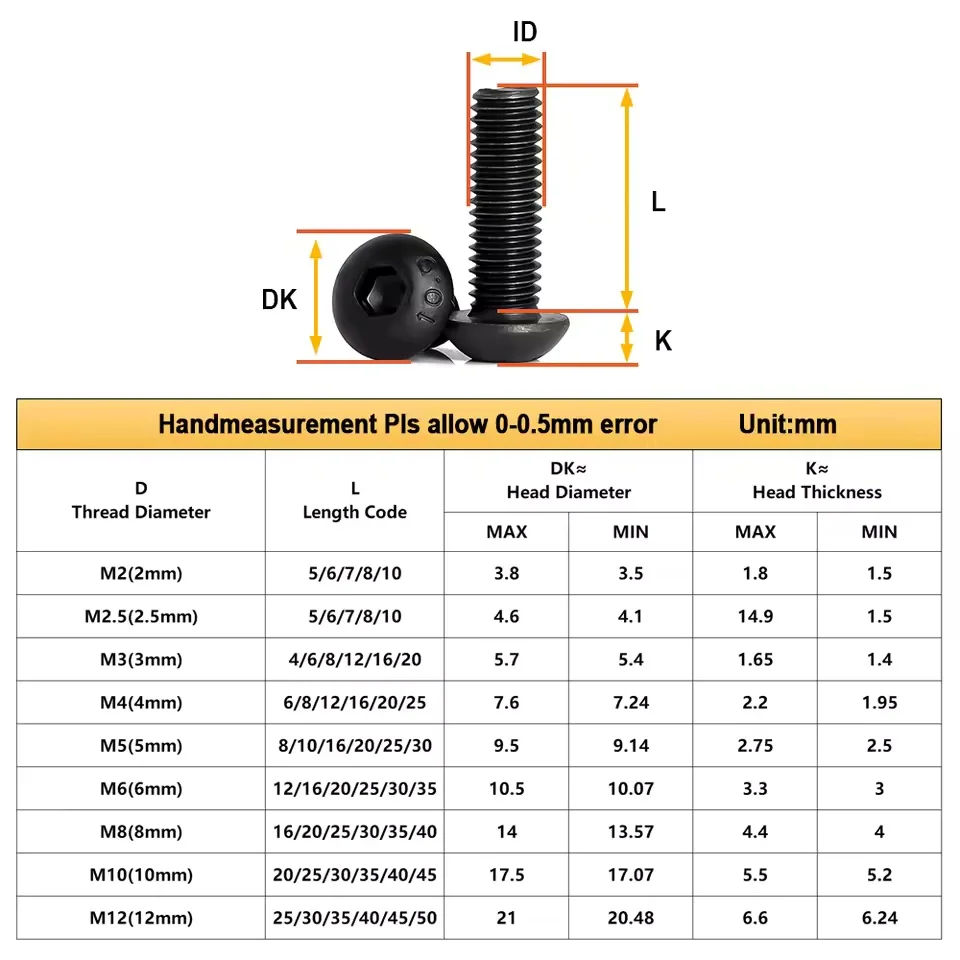 Hexagon Socket Head Screw 10-200pcs ISO7380 M2-M8 Black Grade 10.9 Steel Button Head Allen Bolt