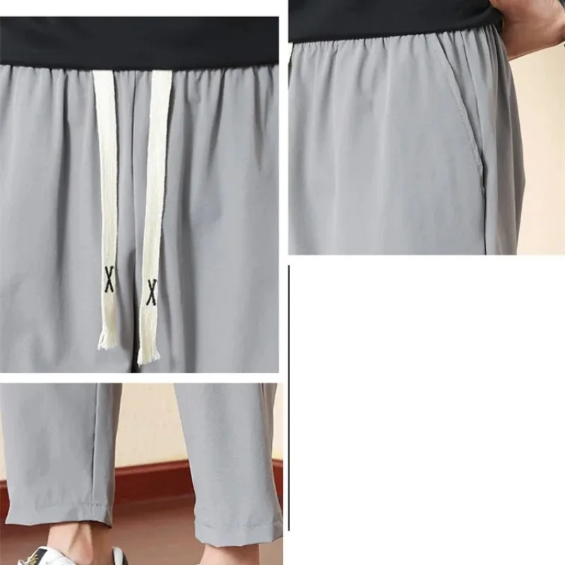 Men's Spring Summer Solid Pockets Drawstring Bandage Elastic High Waisted Casual Sports Small Leg Trousers Preppy Style Pants