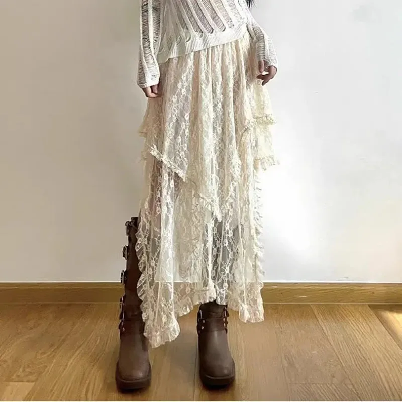 Lace Asymmetrical Skirt Women Vintage Y2K Boho Aesthetic Fashion High Waist Mid Skirts Summer Ladies Holiday Outfits 2