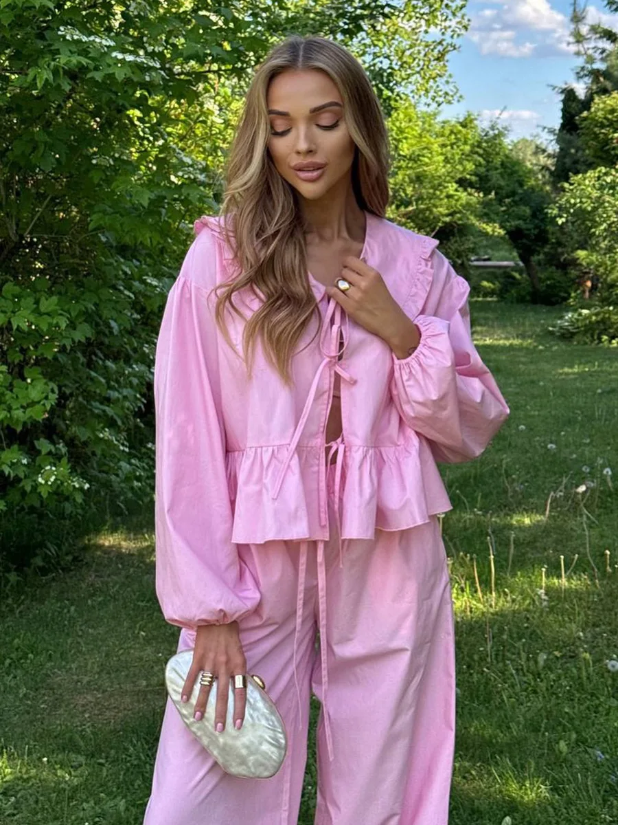 Bornladies Cotton Shirt Pants Set  Autumn Winter New Women's Doll Collar Long Sleeves Cardigan Wide Leg Pants Casual Set