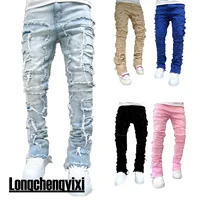 Jean empilé coupe régulière pour hommes, déchiré, Slim Fit, Patch, pantalon en Denim droit détruit, Hip Hop, Streetwear, tissu de pantalon 2