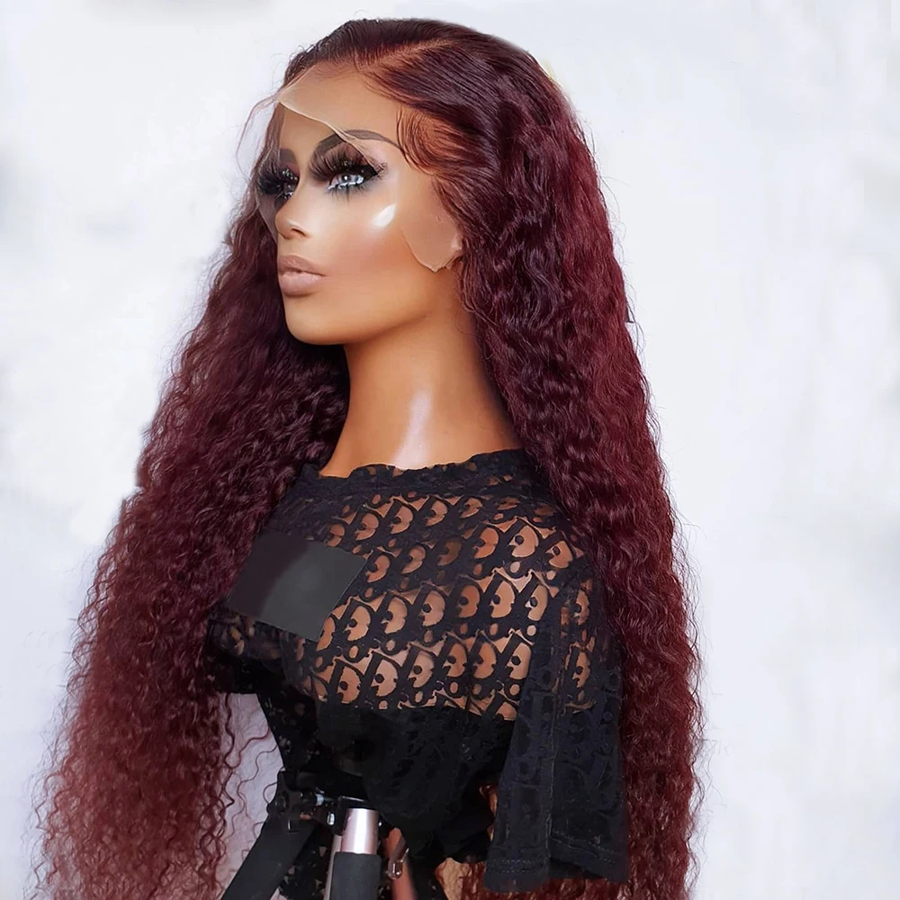 

26 Inches Long 180%Density Glueless 99j Kinky Curly Lace Front Wig With BabyHair Heat Temperature Daily PrepluckedCosplay Wig