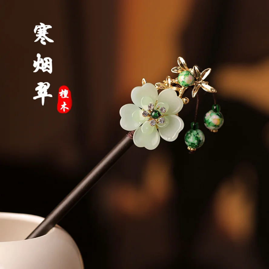 Retro Rote Blumen-Holzhaarnadel für Frauen 2025 Neujahr Hanfu Perlen Quaste Haarspange Chinesischer Stil Haargabel Hanfu Accessoires – Detail 4