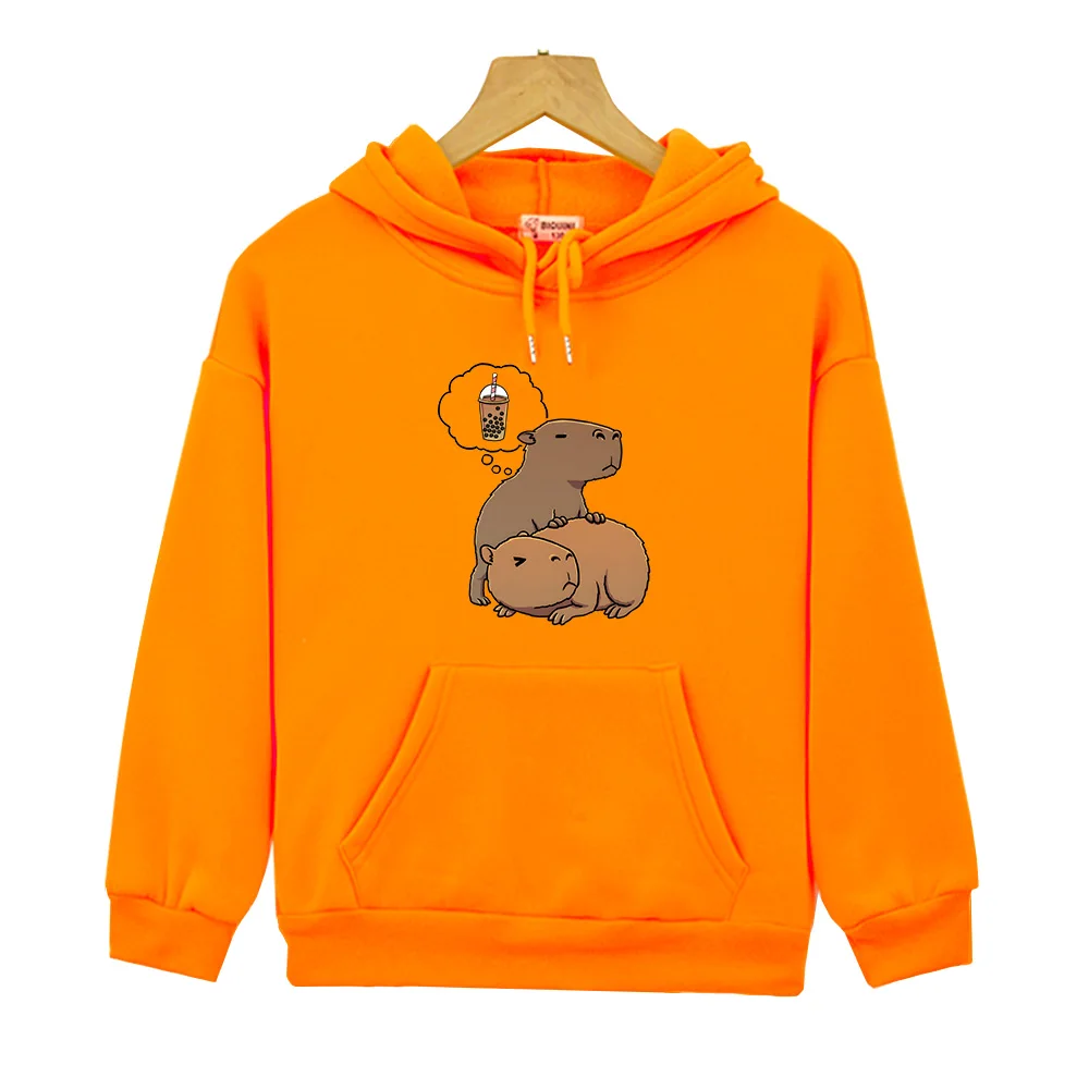 

Capybara Loves Drinking Bubble Tea Hoodies Autumn Children Kawaii Printing Sweatshirt with Hooded Boys Girls Cute Clothing Hoody