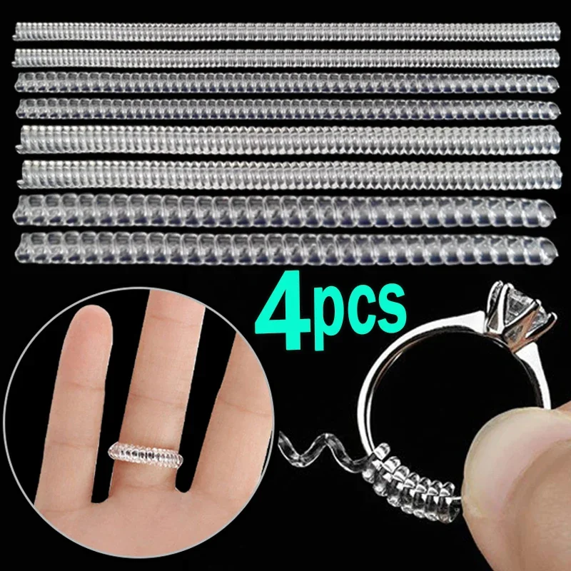 4PCS Spiral Based Ring Size resize Jewelry Tools Rings Resizing Invisible Transparent Tightener Resizing Tool Jewelry Guard for any rings size adjust stickers silicone transparent big size ring invisible fixed tightener reducer resizing jewelry tools